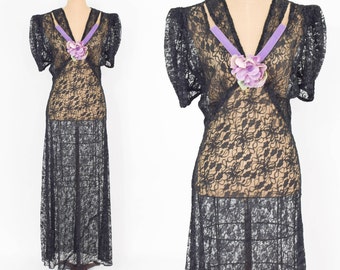 1930s Black Floral Lace Evening Dress | Vintage Black Formal Downton Abbey Style, XL