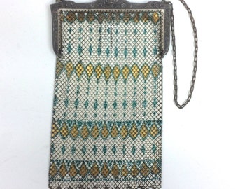 1900s Enamel Mesh Evening Bag | Vintage White, Green & Gold Purse | Mandalin