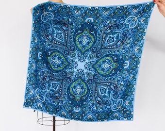 1980s Turquoise Paisley Silk Scarf | 80s Blue Paisley 100% Silk Scarf