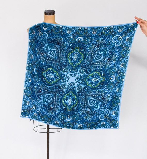 1980s Turquoise Paisley Silk Scarf | 80s Blue Pais