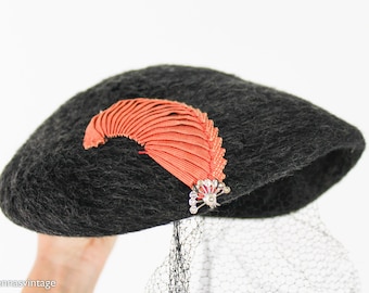 1940s Black Mohair Wool Hat | 40s Charcoal Wool Hat | Merrimac