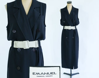 1990s Emanuel Ungaro Black Sleeveless Dress | Vintage Black Button Front Maxi, Medium