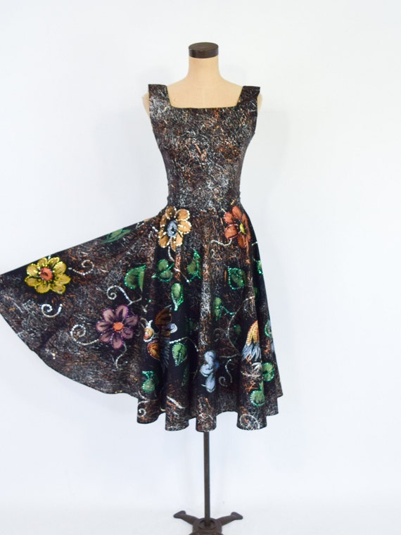 1950s Black Painted Sequin Party Dress | 50s Blac… - image 3