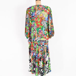 Diane Freis / Blusa y falda de patchwork colorido de los años 80 / Conjunto de fiesta con estampado Op Art de los años 80 / Grande imagen 6
