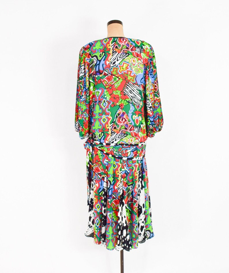 Diane Freis / Blusa y falda de patchwork colorido de los años 80 / Conjunto de fiesta con estampado Op Art de los años 80 / Grande imagen 6