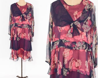 1900s  Navy & Red Floral Layered Dress | Navy Flowered Silk Chiffon Dress | Large
