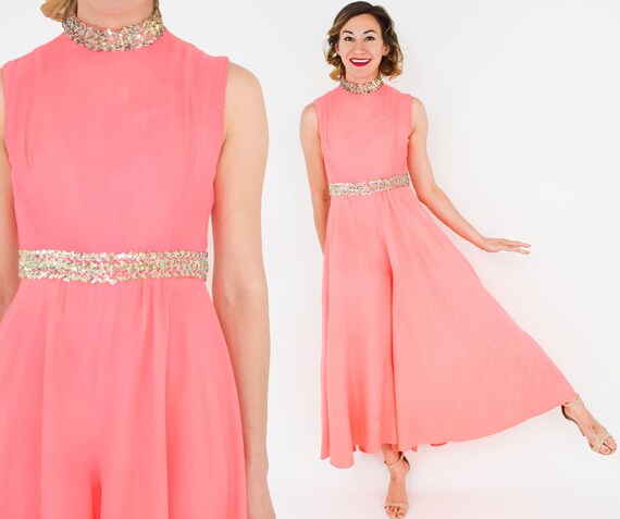 1960s Coral Crepe Palazzo Jumpsuit | 60s Orange C… - image 2