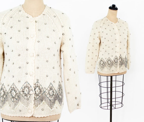 1960s Creme Beaded Cardigan | 60s White Mohair Wo… - image 1