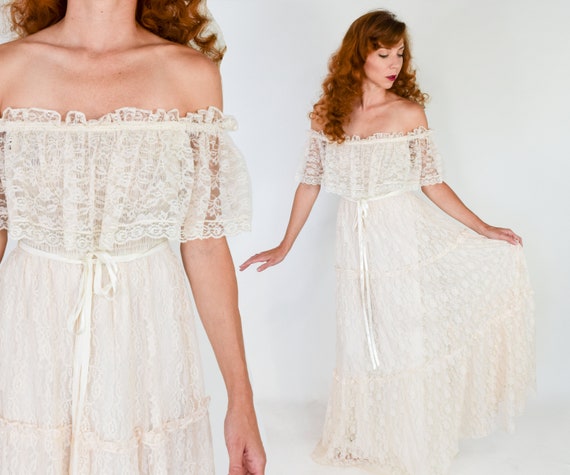1970s Ivory Lace Maxi Dress | 70s Creme Lace Peasa