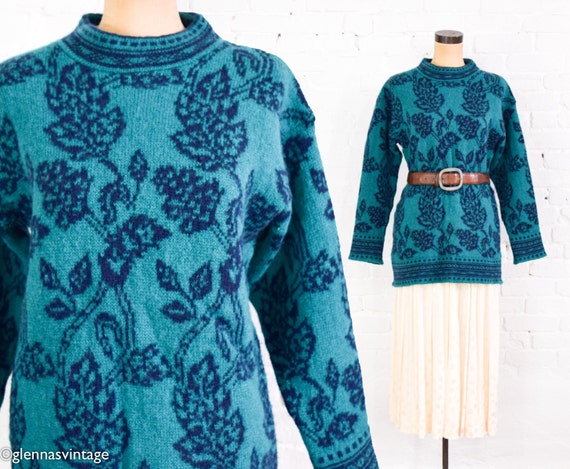 1980s Green & Navy Floral Wool Sweater | 80s Turq… - image 1