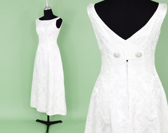 60s White Evening Dress | Wedding Dress | Brocade Prom Homecoming Dress | Small