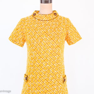 1960s Yellow Wool Plaid Dress 60s Gold Plaid Shift Dress Twiggy Style Medium image 10