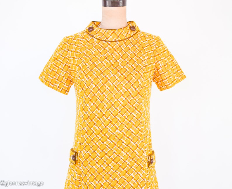 1960s Yellow Wool Plaid Dress 60s Gold Plaid Shift Dress Twiggy Style Medium image 10