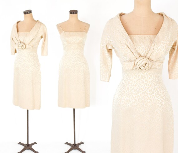 1950s Beige Brocade Sheath Dress & Jacket | 50s B… - image 1