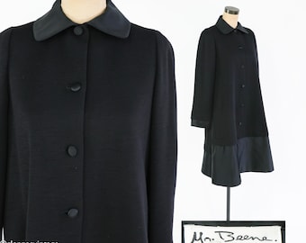 1990s Geoffrey Beene Black Wool Coat Dress | Black & Satin Tailored Coat, Size 8