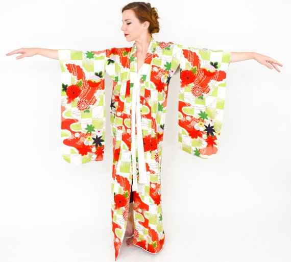 1950s Floral Print Kimono | 50s Green Red and Ora… - image 2
