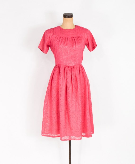 1950s Pink Floral Dress | 50s Bright Pink Chiffon… - image 3