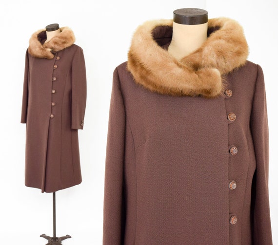 1960s Brown Wool & Mink Collar Coat | 60s Brown W… - image 2