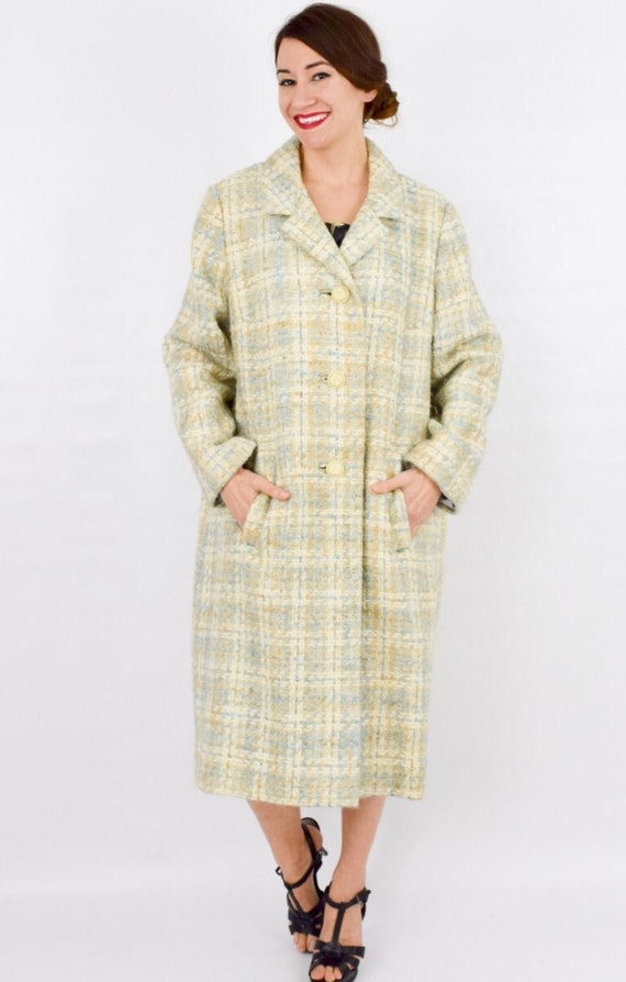 1950s Creme Plaid Wool Coat Mohair | 50s Beige Pl… - image 3