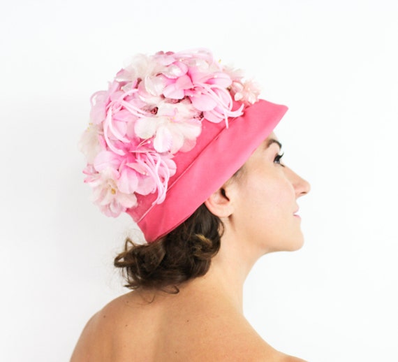 1960s Pink Flower Hat | 60s Pink Flower Bucket Hat