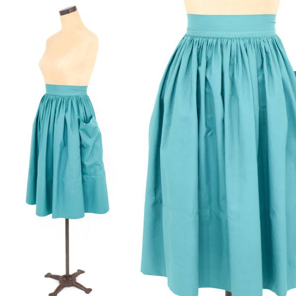 50s Turquoise Blue Full Skirt | Blue Gathered Cotton Skirt | Joan Roberts | Small