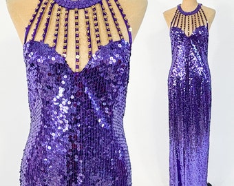 1980s Purple Sequin Evening Dress |1990s Purple Evening Dress | Lilli Rubin | Medium