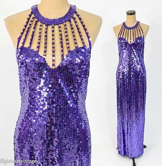 1980s Purple Sequin Evening Dress |1990s Purple Ev