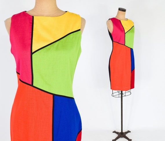 1980s Color Block Dress | 80s Mondrian Style Dress