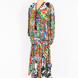 Diane Freis / Blusa y falda de patchwork colorido de los años 80 / Conjunto de fiesta con estampado Op Art de los años 80 / Grande imagen 3
