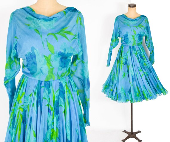 1950s Galanos Dress Turquoise Silk Chiffon Cocktai