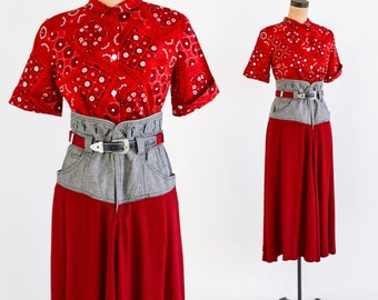 1980s Gray Denim Midi Skirt | 80s Red Houndstooth & Gray Denim Skirt | Chaus Sport | Size 8