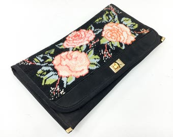 1960s Black Needlepoint Clutch | 60s Black & Pink Floral Needlepoint Purse