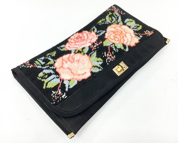 1960s Black Needlepoint Clutch | 60s Black & Pink… - image 1