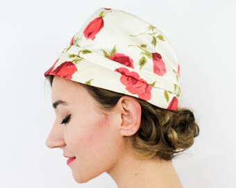 1950s White & Red Flower Hat | 50s Red Rose Flowered Silk Hat | Colby