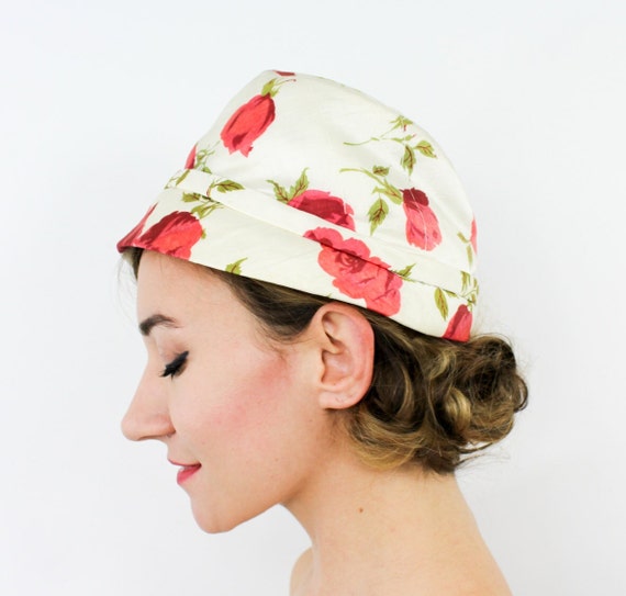 1950s White & Red Flower Hat | 50s Red Rose Flowe… - image 1