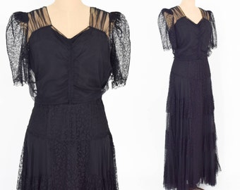 1940s Black Lace Evening Dress | 40s Black Chiffon & Lace Illusion Dress | Old Hollywood | Large