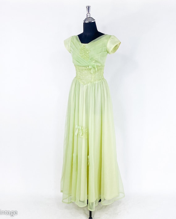 vintage lime green dress LOT Vintage 70s 1970s Lime Prairie Maxi Dress Folk-Embroidery Bib Eyelet Lace Trim Long Puff Sleeves Handmade/One-of-a-Kind gunne