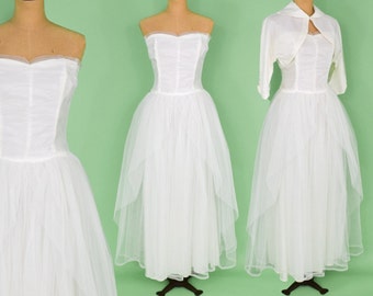 1950s White Strapless Evening Dress & Bolero | 50s White Tulle Wedding Gown | Sylvia Ann Bridal Originals | Medium
