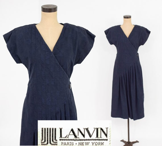 1980s Navy Cotton Dress | 80s Navy Cotton Wrap Dre