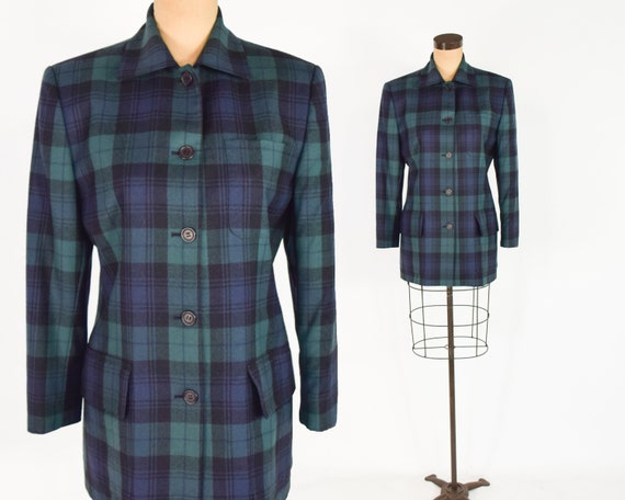 1990s Green & Navy Wool Plaid Blazer | 90s Plaid