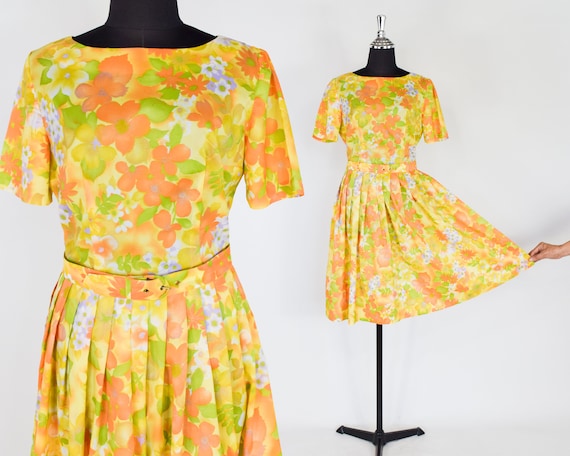 1950s Yellow Flowered Dress | 50s Yellow & Orange