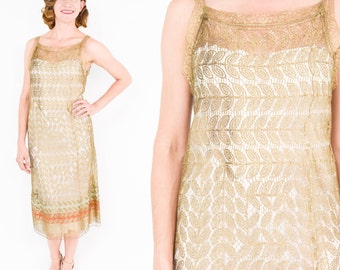 1920s Gold Lace Short Evening Dress | 20s Gold Metallic Sheath | Egyptian Inspired Lace Dress | Small