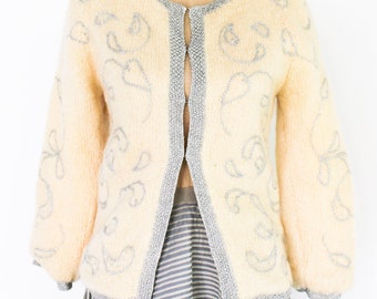 1960s Creme Mohair Cardigan | Vintage Silver Trim Wool Sweater