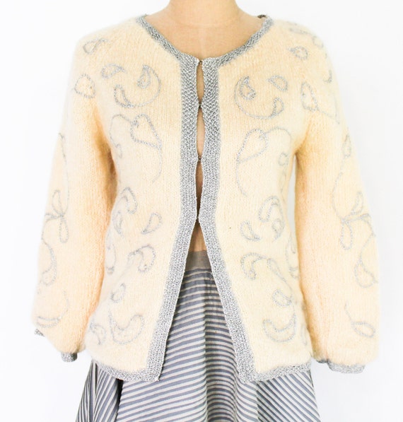 1960s Creme Mohair Cardigan | Vintage Silver Trim Wool Sweater