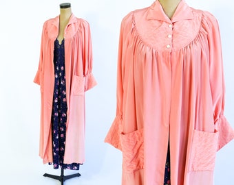 1940s Peach Dressing Gown | Vintage Peach Quilted Robe, Medium