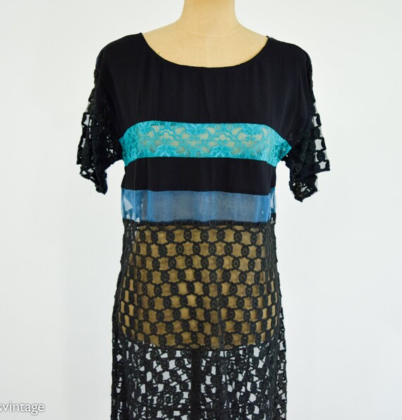 1990s Black & Blue Lace Dress | 90s Black Striped… - image 7