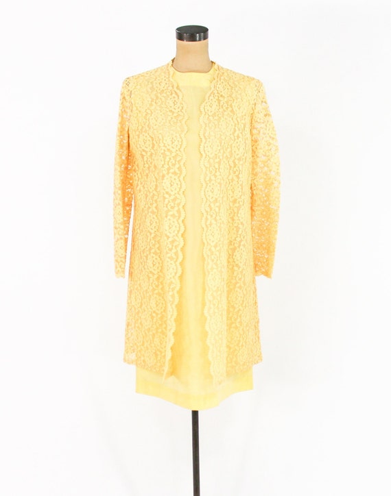 1960s Yellow Silk Dress & Lace Coat Set | 60s But… - image 3