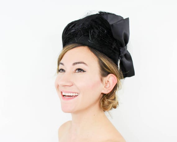1940s Black Wool & Feather Hat | 40s Black Feather