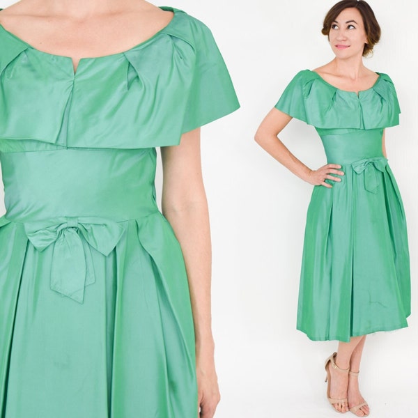 1950s Green Taffeta Party Dress | 50s Green Silk Taffeta Cocktail Dress | Lorrie Deb | Medium