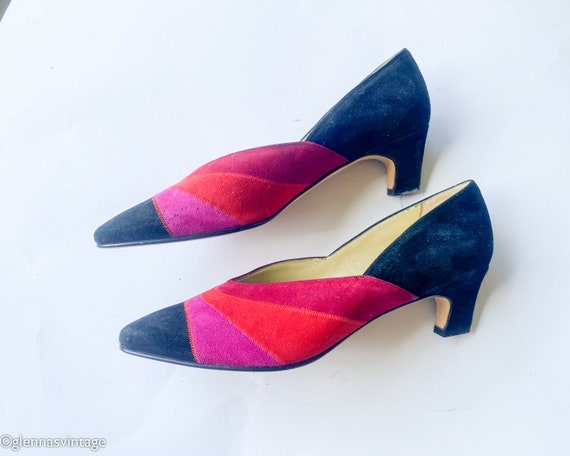 1980s Red Suede Colorful Pumps | 80s Hot Pink & R… - image 7